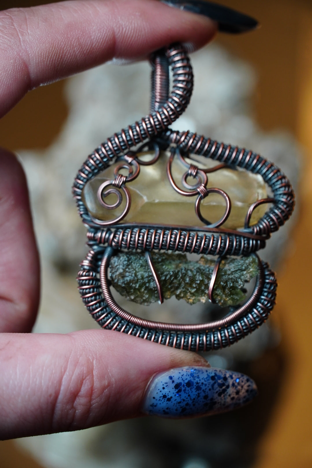 Moldavite & Libyan Desert Glass Pendant in Oxidized Copper